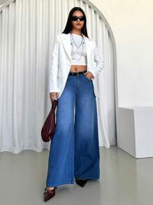 SHEIN Essnce Women Casual Heart Lace Trim Distressed Wide Leg Jeans - Blue - View 6