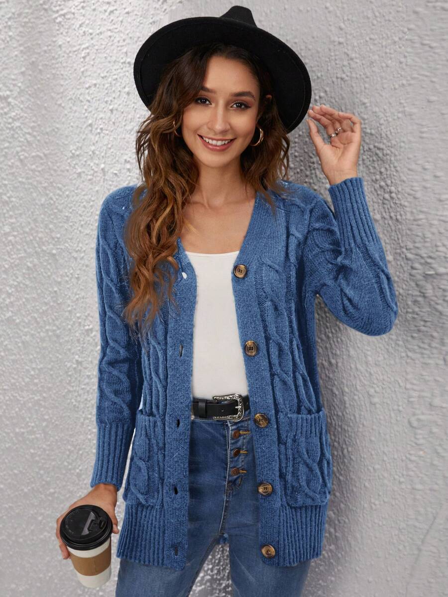 SHEIN LUNE Women's Solid Color Long Sleeve Single-Breasted Pocket Loose Casual Cardigan Sweater, Autumn/Winter