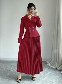 Elenzga 2 件套黑色长袖翻领双排扣西装套装带褶裙女士新年衣服