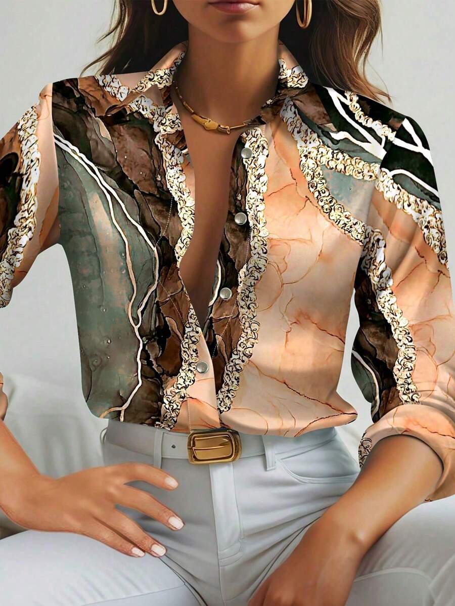 SHEIN Clasi Große Größen Lässiges Hemd mit Marmorprint und Knopfleiste für den Herbst