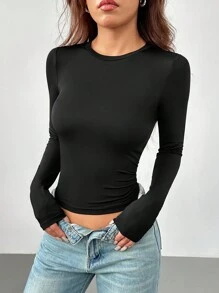 SHEIN PETITE 女士三件套圆领休闲紧身纯色长袖T恤套头衫套装适合春秋冬季