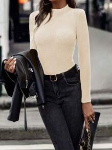 SHEIN Clasi Áo len dệt kim mỏng cổ đứng tay dài cho nữ, màu trơn, thu/đông - Màu be - Xem 6