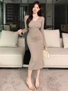 DAZY Váy len dài tay ôm cổ chữ V thanh lịch cho nữ, màu trơn, mùa thu - Màu Khaki - Xem 1