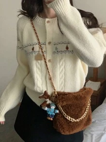 DAZY 女士休闲日常穿着前扣纹理针织插肩袖开衫，秋冬，长袖上衣，秋季女装 - 杏色 - 查看 6