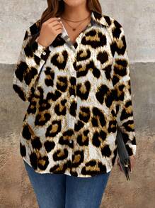 SHEIN LUNE Lässiges leopardengemustertes Große Größen-Damen-Langarmhemd mit Hemdkragen und Knopfleiste, geeignet für Herbst und Winter