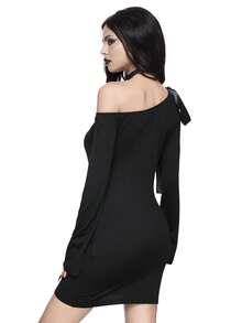 ROMWE Goth Sexy High Elasticity Black Bodycon Dress With Waist Tied Bow Detail And Asymmetrical Neck Long Sleeve Design For Women - Black - View 5