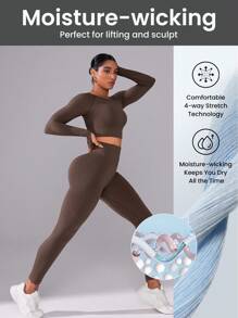 Easithlete 1 套纯色圆领长袖上衣和长裤及无缝高弹力运动套装女士健身套装女士紧身裤套装 - 棕色 - 查看 7