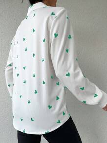 EURMUSE 女士休闲心形印花长袖衬衫（秋季） - 綠色 - 查看 2
