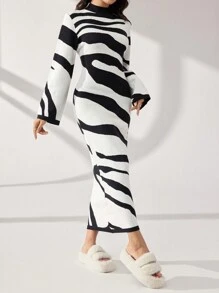 Modelyn 女士立领长袖斑马纹拼色针织毛衣连衣裙秋冬季 - 黑與白 - 查看 4
