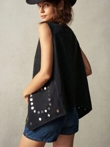 Bohemela 1pc Women Solid Woven Loose Rivet Decor Vest, Suitable For Holiday