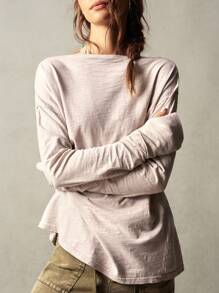 Bohemela 大码女式纯色船领落肩长袖休闲T恤 - 米色 - 查看 3