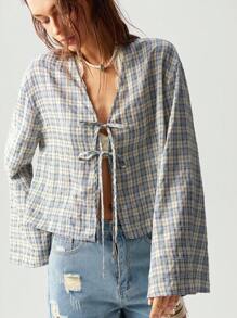 Bohemela 1 件女士休闲平纹编织长袖前系带细节宽松衬衫，适合度假