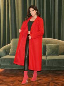 Zolique Women Casual Solid Color Patchwork Pocket Long Overcoat - Red and White - View 7