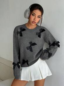 SHEIN Unity Damen Lässig Farbblock Schleife Dekor Strickpullover, Herbst/Winter, Langarm Oberteile, Herbst - Grau - Übersicht 5