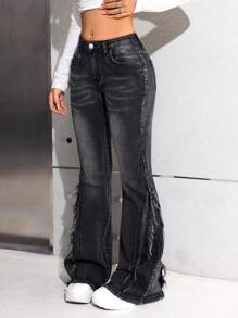 SHEIN Teen Girls Y2K Fashion Black Stonewashed Denim Flare-Leg Jeans Pants With Side Frayed Hem