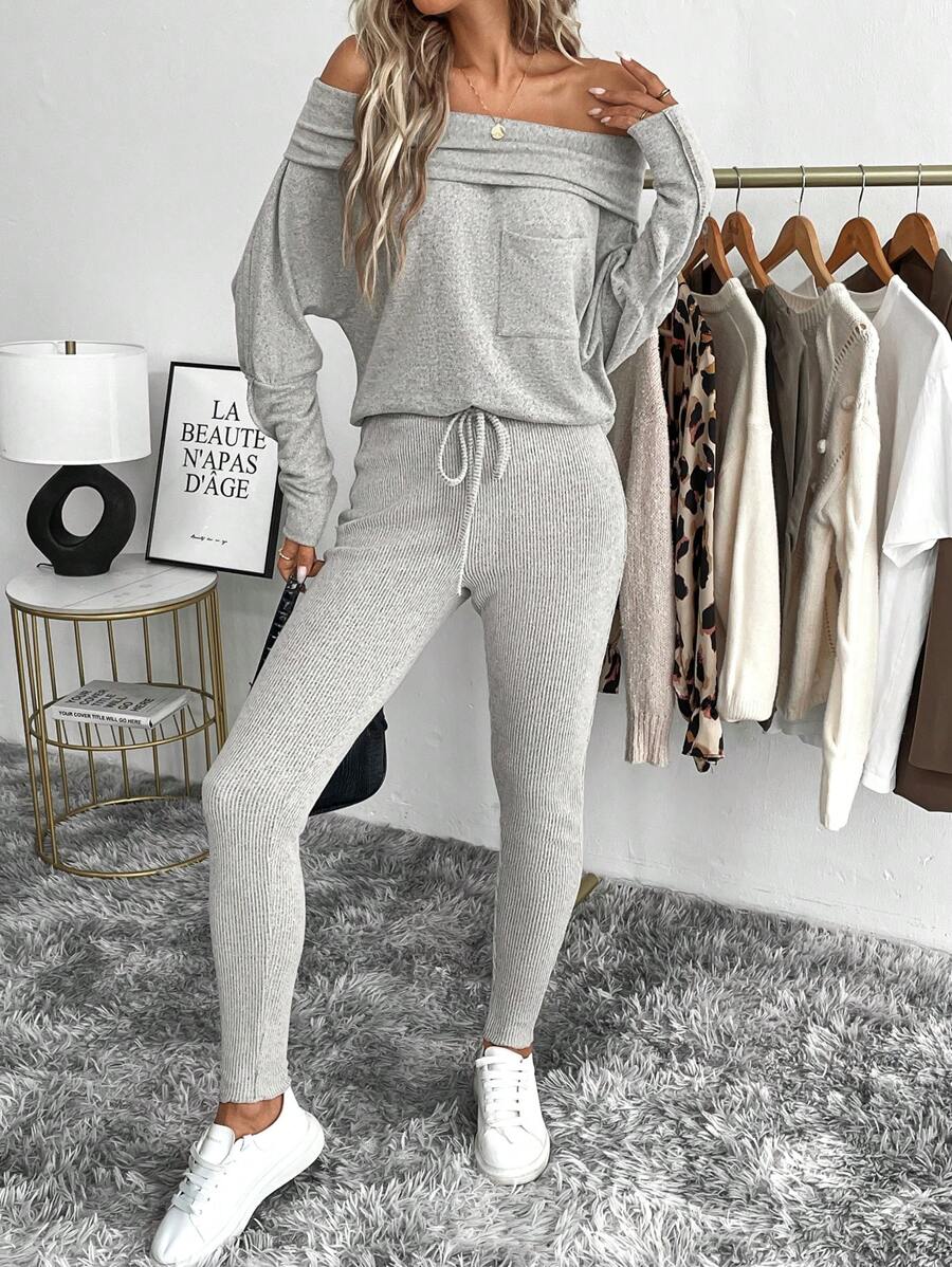 SHEIN LUNE 2 件套秋季休闲紧身运动紧身裤和露肩短款上衣,棕色天鹅绒面料,女款 - 杏色 - 查看 1