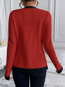 SHEIN Clasi Áo khoác cardigan cổ chữ V bó sát màu đen trắng cổ điển mùa đông dành cho nữ, trang trí nút ngọc trai giả thanh lịch, phù hợp để đi làm, mua sắm, nghỉ dưỡng, ăn trưa, hẹn hò và tiệc tùng. Sự kiện trở lại trường theo phong cách Coco - Gỗ đỏ - Xem 2