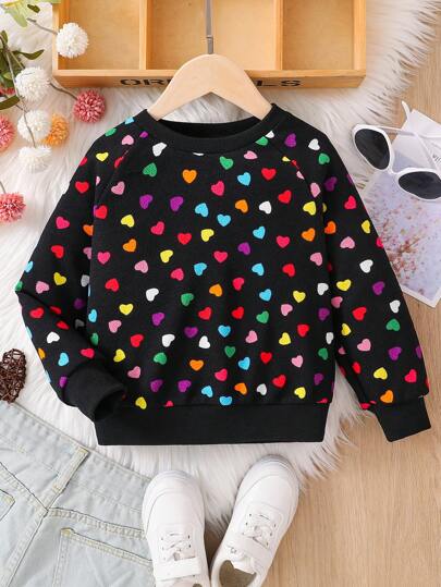 SHEIN Young Girls' Cute Loose Fit College Style Colorful Heart Pattern Sweatshirt With Round Neck, Long Sleeve, Autumn And Winter, Great For Casual & Daily Wear & School Daily, Mom And Daughter Matching