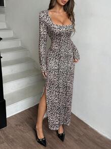 Muchica Vestido entallado de escote cuadrado con estampado de leopardo vintage para otoño e invierno