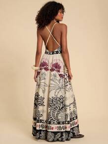 Travachic 女式度假编织花卉印花紧身露背高低下摆连衣裙 - 卡其色 - 查看 2