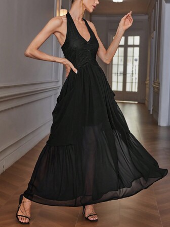 SHEIN Black Friday x Star Picks Aveloria Ladies' Elegant Halter Backless Pleated Dress, V-Neck Party & Casual Wear Long Dress, Autumn