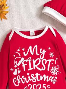 2pcs/Set Baby Boy Christmas Letter Print Color Block Long Sleeve Jumpsuit And Hat Outfits