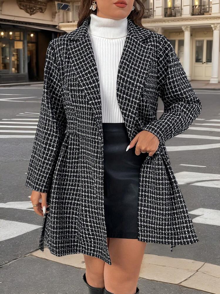 SHEIN Privé Plus Size Elegant Office/Formal Lapel A-Line Dress Coat, For Winter - Black - View 5