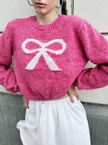INAWLY Bow Pattern Drop Shoulder Sweater For Dailywear, Knit Pullover Fall Winter - Hot Pink - View 5