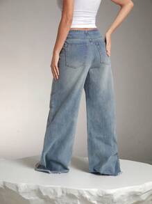 Denimoi 优质 100% 纯棉牛仔染色腰带细节阔腿牛仔裤 - 深色水洗藍 - 查看 6