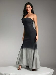 Denimoi Summer Elegant Color Block Strapless Fishtail Hem Maxi Denim Dress