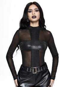 ROMWE Goth Y2K Sexy Minimalist Cross Patch Sheer Mesh Crop Top