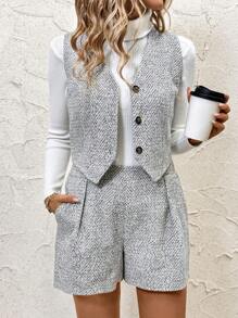 SHEIN Clasi Conjunto de 2 piezas de chaleco + pantalones cortos para otoño/invierno, elegante conjunto de vestidos de mujer, conjunto de dos piezas de traje de mujer para temporada de otoño, ropa de trabajo de invierno para mujer, conjuntos de invierno para mujer, ropa profesional de invierno para mujer