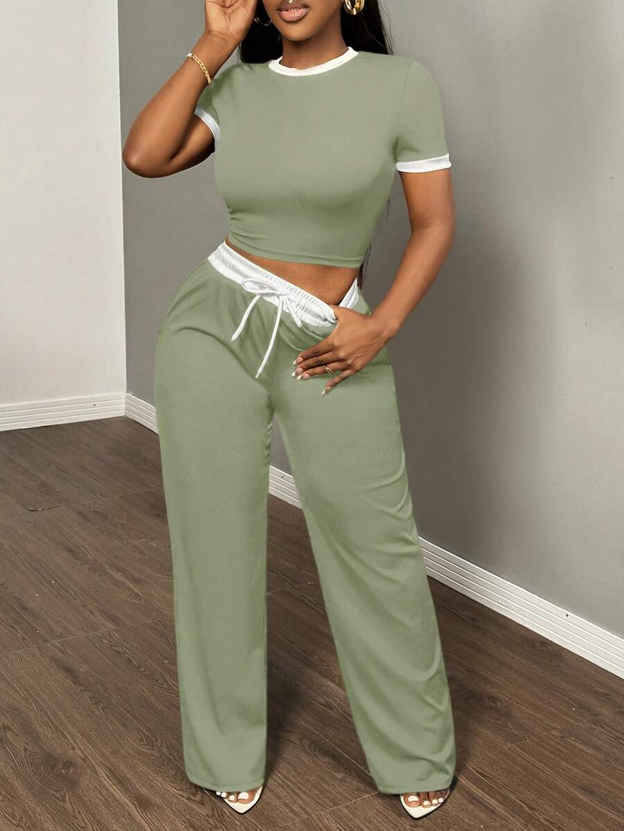 SHEIN SXY Summer 2pcs Contrast Color Trim Round Neck Short Sleeve Top And Drawstring Pants Setfall Clothes Women - Mint Green - View 1