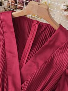 SHEIN Unity Women's Elegant Burgundy V-Neck Puff Sleeve Pleated Wide Leg Jumpsuit Fall Cloth For Women - Burgundy - View 7
