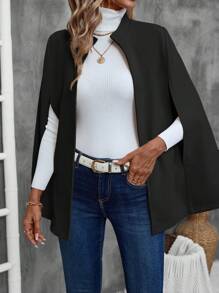 EMERY ROSE 1pc Women's Solid Color Open Slit Long Sleeve Casual Blouse - Black - View 1