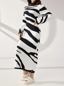Modelyn 女士立领长袖斑马纹拼色针织毛衣连衣裙秋冬季 - 黑與白 - 查看 6