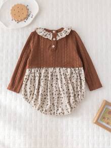 Cozy Pixies Baby Girl Ditsy Floral Color Block Round Neck Ruffle Trim Long Sleeve Bodysuit - Multicolor - View 2