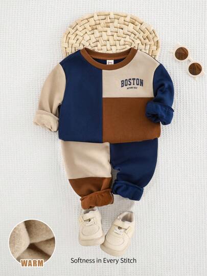 Cozy Pixies 2pcs Baby Boy Contrast Color Knit Soft Crew Neck Long Sleeve Pullover Sweatshirt And Jogger Pants Set, Winter Clothes