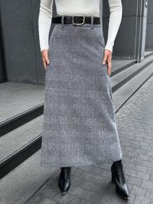 EURMUSE Women Check Pattern Midi Skirt With Belt Detail - Grey - View 6