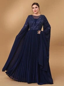 Serin Plus Size Elegant Luxury Rhinestone And Pearl Embroidery Blue Long Sleeve Chiffon Ruffle Flared A-Line Dress For Formal Dinner Event Mother Of The Bride Evening Dress