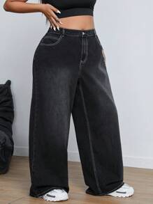 SHEIN ICON Women Plus Size Casual Washed Embroidered Loose Wide Leg Jeans Pants - Black - View 3
