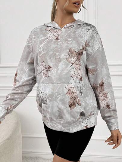 SHEIN Floral Print Hooded Long Sleeve Casual Sweatshirt For Pregnant Women, For Maternity, For Winter