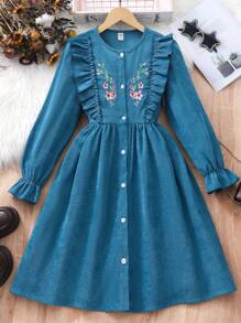 SHEIN Tween Girl Casual Flower Embroidered Ruffle Hem Dress, Autumn,Holiday Summer Travel - Teal Blue - View 9