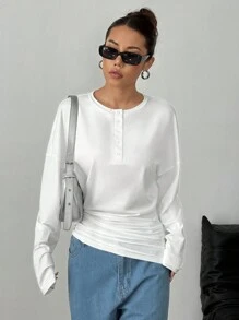 Flirla Casual Minimalist White Half-Zip Hem T-Shirt