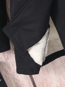 SHEIN 青少年女孩休闲毛绒连帽夹克，带毛领，冬季 - 黑色 - 查看 4