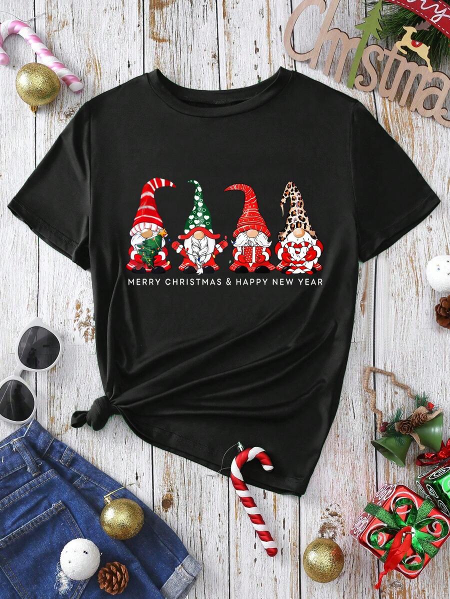 SHEIN LUNE Christmas Print Tee - Black - View 1