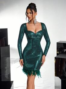 SHEIN Belle Robe de cocktail de fête élégante et somptueuse pour femmes, col en cœur, manches longues, ourlet hanches, couture, plumes, saison de retour à l'école, tenue de soirée semi-formelle, pour anniversaire, mariage, remise des diplômes, dîner, bal des finissants. Tissu maille élastique scintillant vert foncé