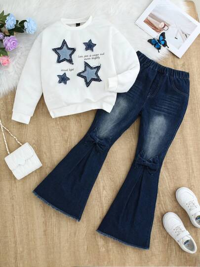 Sparklyn 2pcs/Set Tween Girl Casual Loose White Sweatshirt With English Print And Star Embroidered Decor & Dark Washed Flare Jeans Set