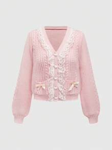 ROMWE Kawaii 女款 Himekaji 甜美粉色蕾丝拼布蝴蝶结装饰纽扣前开衫，适合秋季 - 粉色 - 查看 1