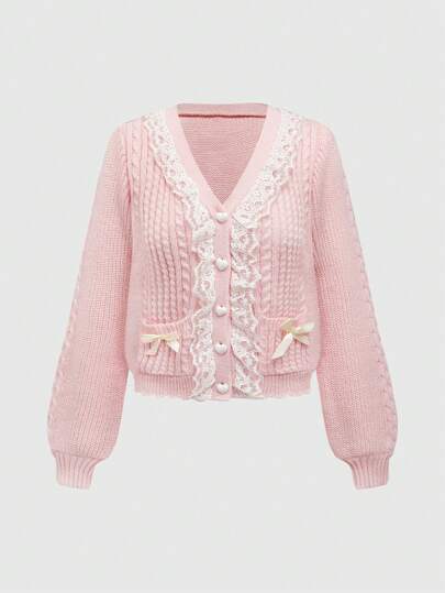 ROMWE Kawaii 女款 Himekaji 甜美粉色蕾丝拼布蝴蝶结装饰纽扣前开衫，适合秋季